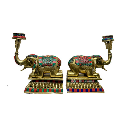 Brass Gem Stone Work Candle Holder on Elephant Trunk Pair Set Fengsui Vastu Hathi for Good Luck Height 8 Inch 5 Kg Weight