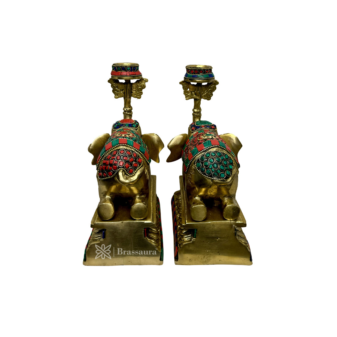 Brass Gem Stone Work Candle Holder on Elephant Trunk Pair Set Fengsui Vastu Hathi for Good Luck Height 8 Inch 5 Kg Weight