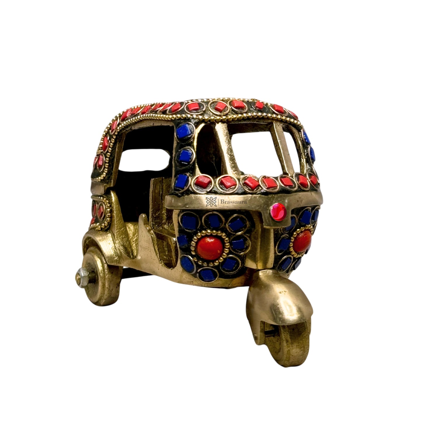 Brass Gem Stone Work Rickshaw for Home and Decor Show Piece for Living Room Weight .5 Kg Height 11 cm