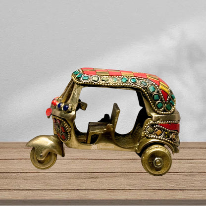 Brass Gem Stone Work Rickshaw for Home and Decor Show Piece for Living Room Weight .5 Kg Height 11 cm