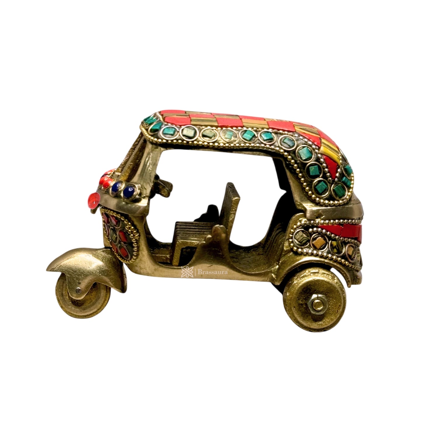 Brass Gem Stone Work Rickshaw for Home and Decor Show Piece for Living Room Weight .5 Kg Height 11 cm