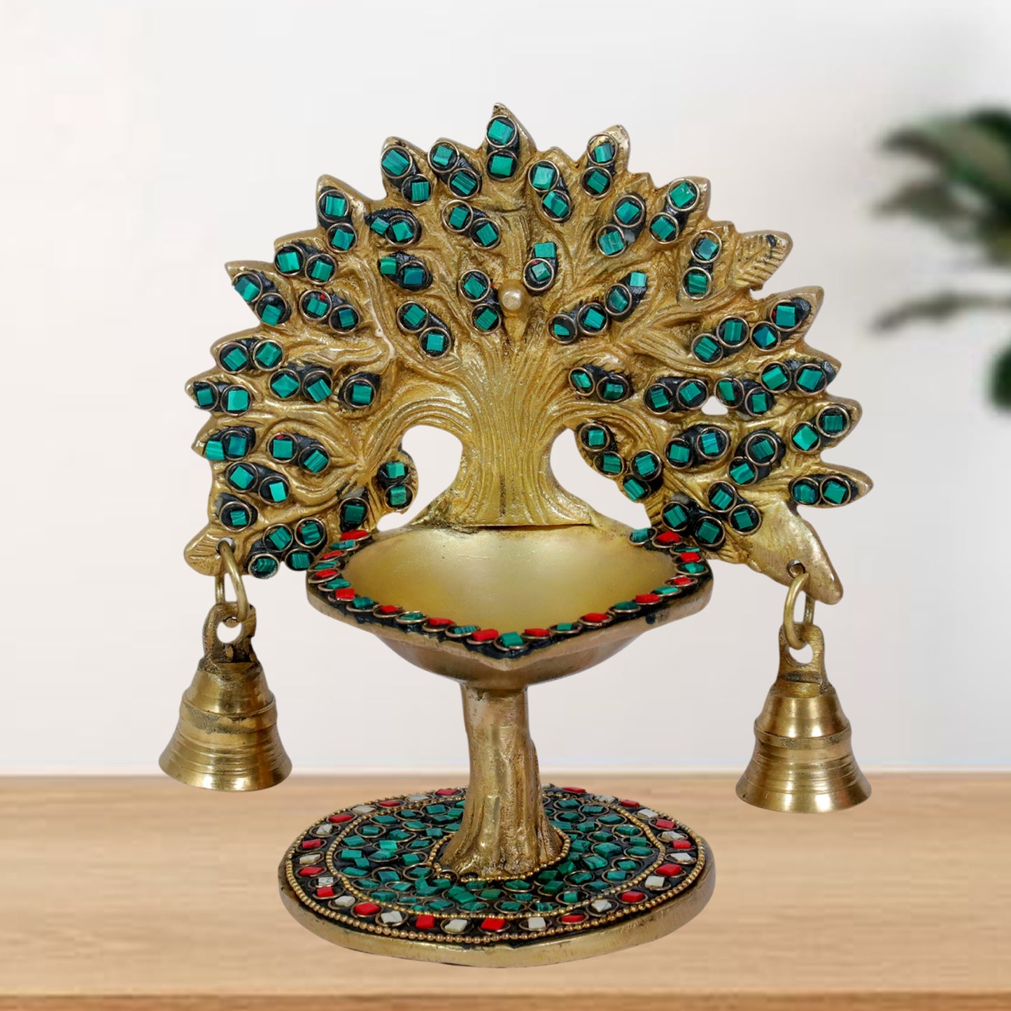 Brass Gem Stone Work Tree Diya Weight 1.3 Kg & Height 7 Inch