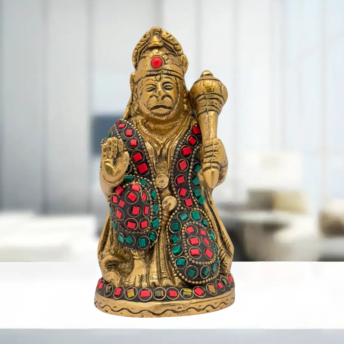 Brass Gem Stone Work Sankat Mochan Hanuman Bhagwan Murti for Home And Decor Weight 1 kg Height 17 cm