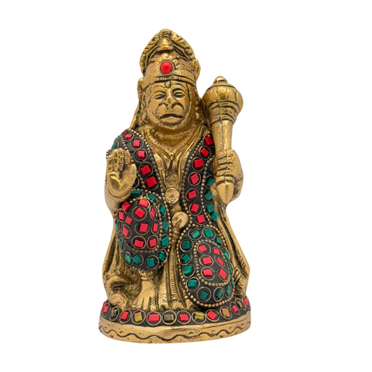 Brassaura™ Brass Gemstone Work Hanuman Statue – Height 6.8 Inches & Weight 1Kgs | Spiritual Gifting