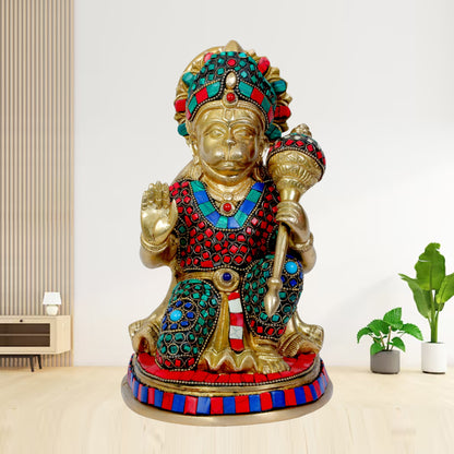 Brass Hanuman Murti in Blessing Posture Sitting on Statue Idol Home Office Decor Weight 3.4 Kg And Height 23 cm