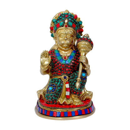 Brass Hanuman Murti in Blessing Posture Sitting on Statue Idol Home Office Decor Weight 3.4 Kg And Height 23 cm