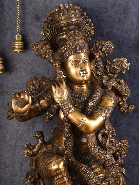 Brassaura™ Lord Krishna Brass Statue | Pure Brass Handcrafted Masterpiece | Height 43 Inches & Weight 82 Kgs