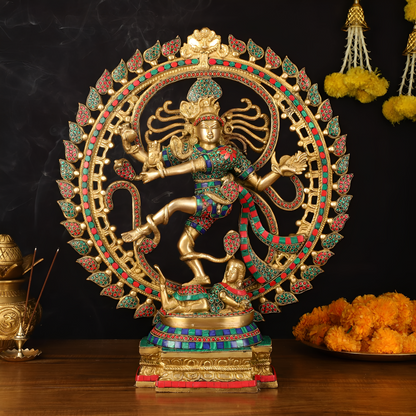 Brassaura™ Superfine Brass Lord Shiva Nataraja Statue with Meenakari Work | Handcrafted Spiritual Showpiece | Weight 12 Kgs | Height 21 Inches
