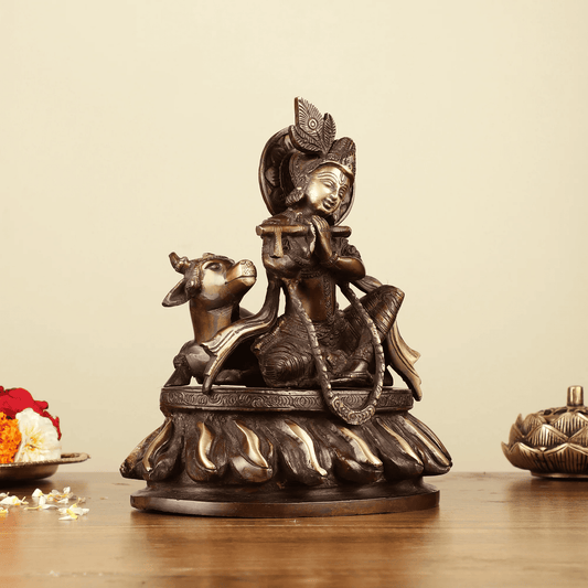 Brassaura™ Lord Krishna Sitting with Cow | Pure Brass Idol | Height 8.5 Inches & Weight 4 Kgs