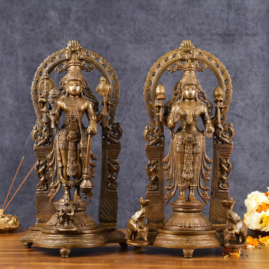 Brassaura™ 16-Inch Vishnu & Lakshmi Brass Statues Pair – 12kg – Antique Chola Style Idols for Auspicious Home & Temple Decor