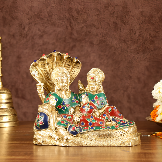 Brassaura™ Vishnu & Lakshmi Brass Idol on Sheshnaag – 2kg, 6.5-Inch – Gold Finish Vaastu-Compliant Idol for Home & Office