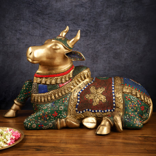 Brassaura™ Handcrafted Brass Nandi Bull with Stone Work – Height 21 Inches & Weight 30 Kgs | Artistic Devotional Sculpture