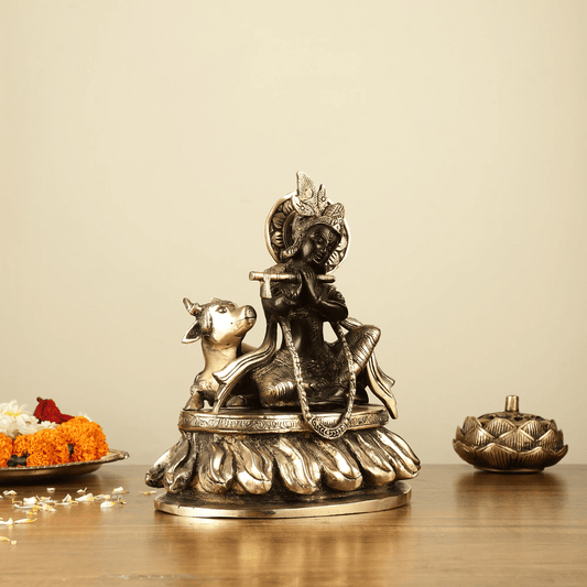 Brassaura™ Lord Krishna Sitting with Cow | Pure Brass Idol | Height 8.5 Inches & Weight 4 Kgs