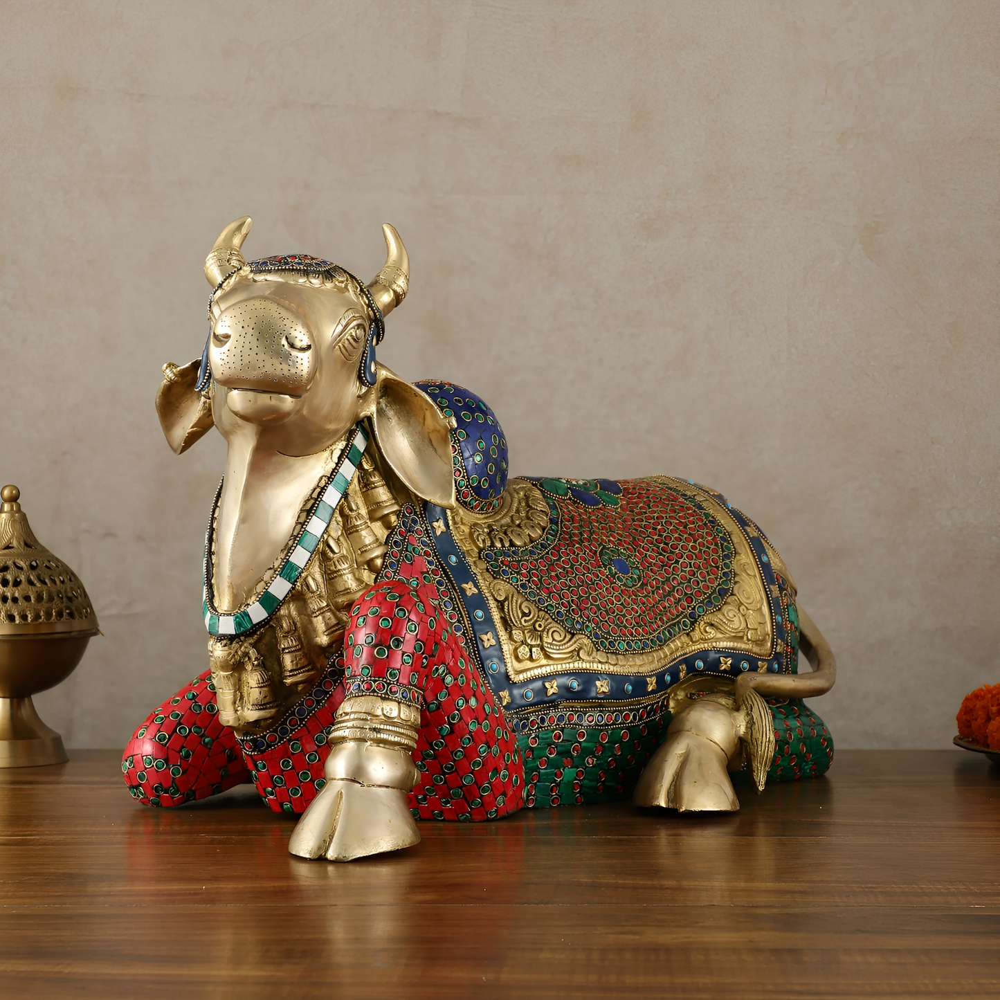 Brassaura™ Brass Nandi Statue with Stonework – Height 15 Inches & Weight 22.5 Kgs | Sacred Temple Décor