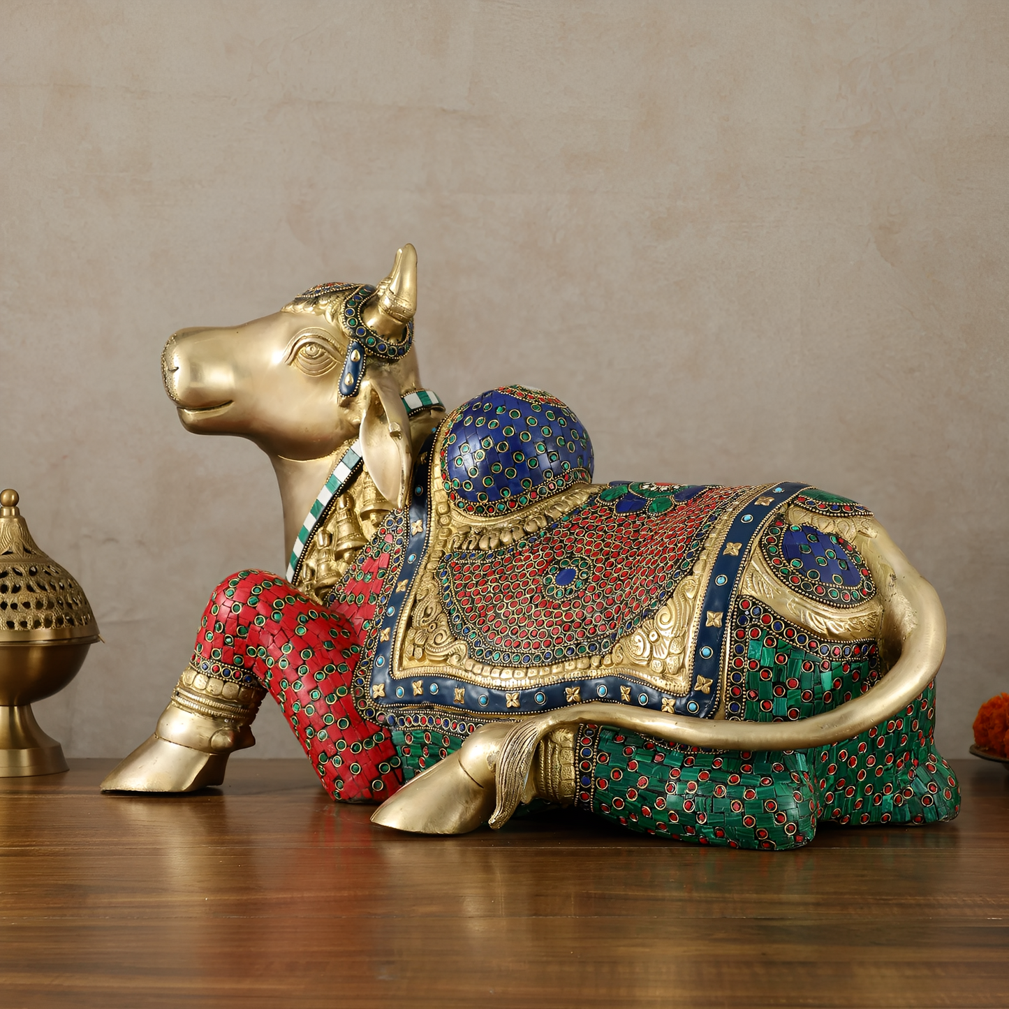 Brassaura™ Brass Nandi Statue with Stonework – Height 15 Inches & Weight 22.5 Kgs | Sacred Temple Décor
