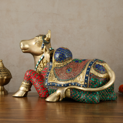 Brassaura™ Brass Nandi Statue with Stonework – Height 15 Inches & Weight 22.5 Kgs | Sacred Temple Décor
