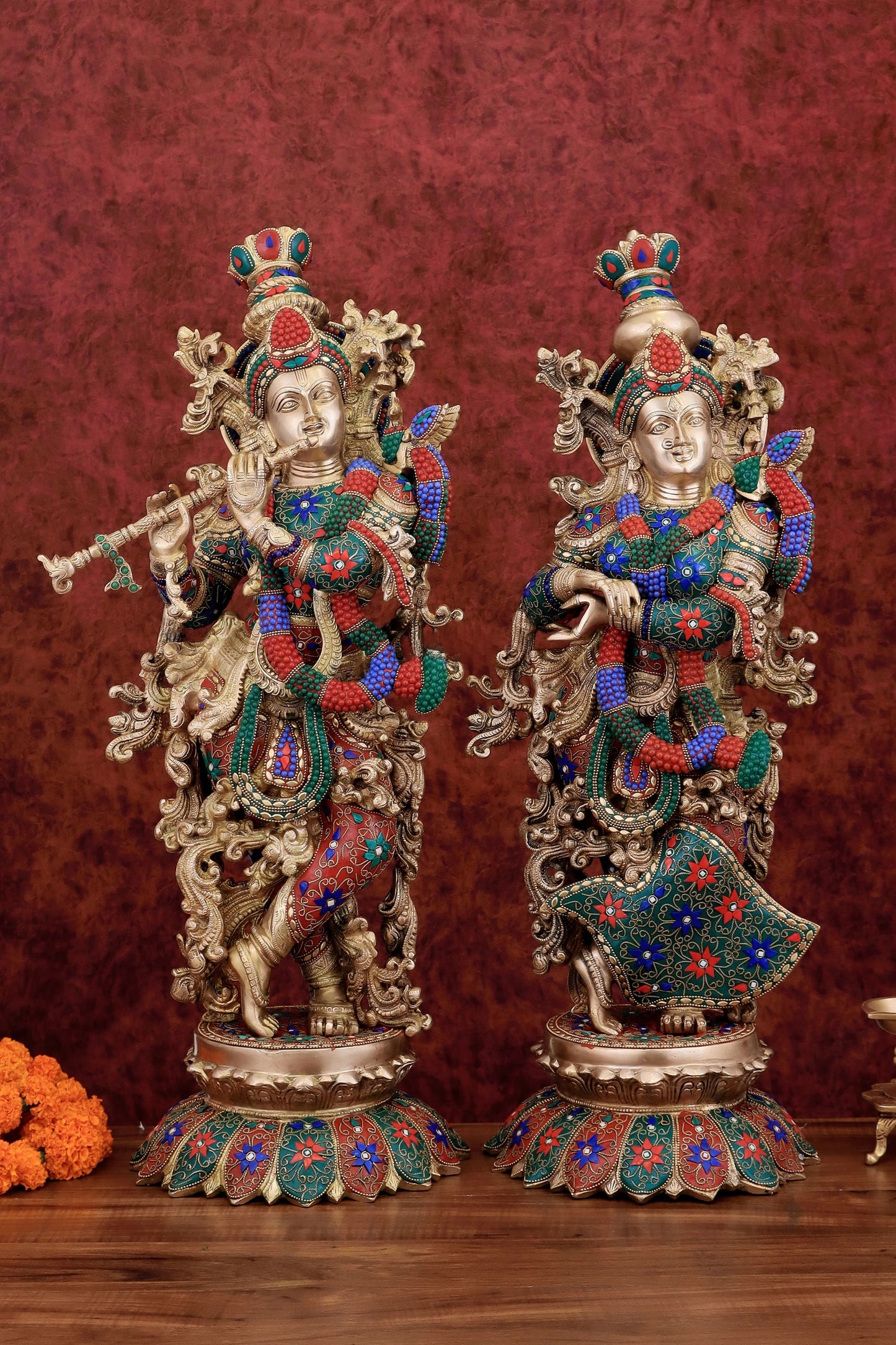Brassaura™ Pure Brass Radha Krishna Statue with Triple-Layered Meenakari – Height 27 Inches & Weight 40 Kgs | Majestic Devotional Idol