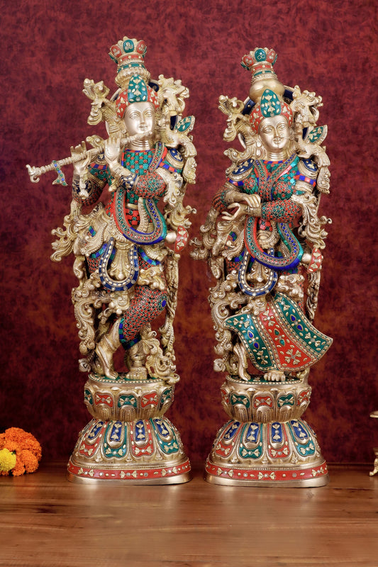 ब्रेसौरा™ हस्तनिर्मित पीतल राधा कृष्ण मूर्ति युगल मीनाकारी के साथ – ऊँचाई 30 और 29 इंच और वज़न 35 किलोग्राम | सुरुचिपूर्ण भक्ति प्रतिमाएँ