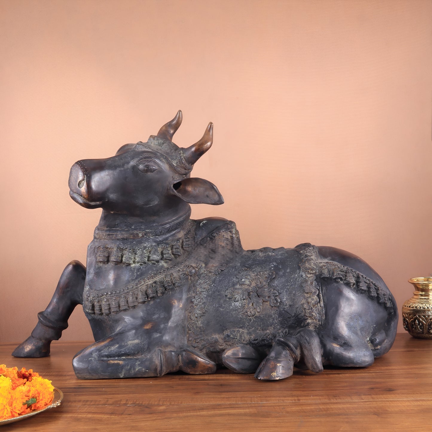 Brassaura™ Antique Brass Nandi Sculpture – Height 21.5" & Weight 30 Kgs | Sand & Rustic Green Patina Finish