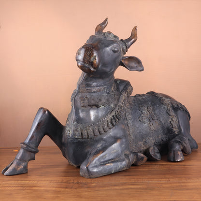 Brassaura™ Antique Brass Nandi Sculpture – Height 21.5" & Weight 30 Kgs | Sand & Rustic Green Patina Finish