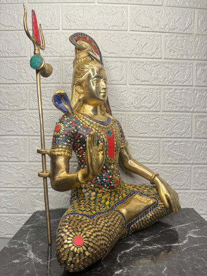 Brassaura™ Brass Shiva Idol Adorned with Gem Stones –– Height 20 Inches & Weight 13.7 Kgs | Traditional Décor