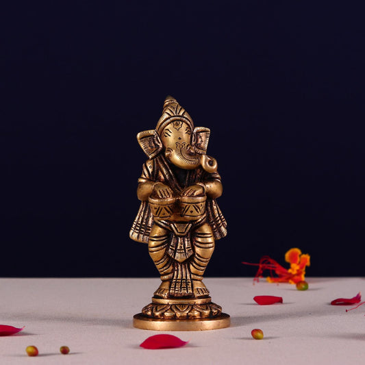 ब्रासौरा® गणेश म्यूज़िकल ब्रास आइडल सेट | शुद्ध पीतल | ऊंचाई 5.1 इंच और वज़न 3.3 किलोग्राम