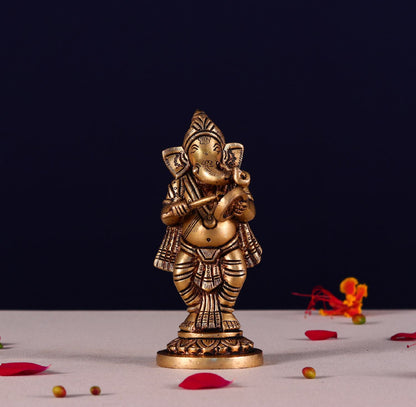 ब्रासौरा® गणेश म्यूज़िकल ब्रास आइडल सेट | शुद्ध पीतल | ऊंचाई 5.1 इंच और वज़न 3.3 किलोग्राम