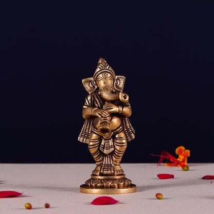 ब्रासौरा® गणेश म्यूज़िकल ब्रास आइडल सेट | शुद्ध पीतल | ऊंचाई 5.1 इंच और वज़न 3.3 किलोग्राम