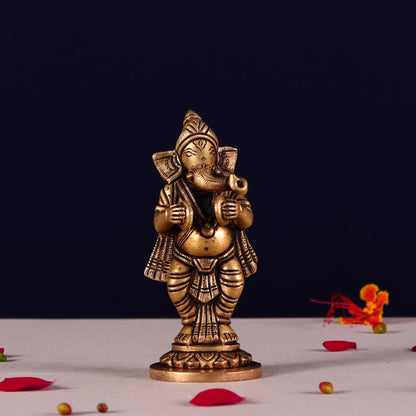 ब्रासौरा® गणेश म्यूज़िकल ब्रास आइडल सेट | शुद्ध पीतल | ऊंचाई 5.1 इंच और वज़न 3.3 किलोग्राम
