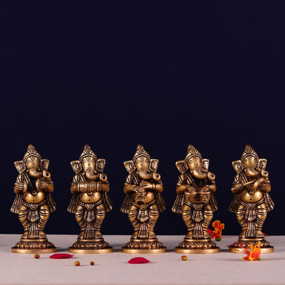 ब्रासौरा® गणेश म्यूज़िकल ब्रास आइडल सेट | शुद्ध पीतल | ऊंचाई 5.1 इंच और वज़न 3.3 किलोग्राम