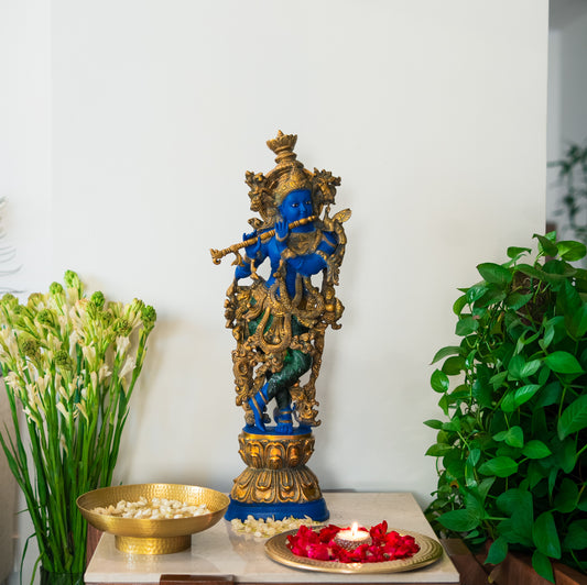 Brassaura™ Pure Brass Lord Krishna Playing Flute Idol – 29 Inch Height, 16 kg Weight | Handcrafted Statue with Natural Stones & Glossy Finish