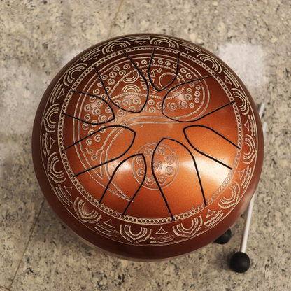Brassaura® Artistic Wood Finish Tongue Drum Pan with Charcoal Black Finish | Pure Superfine Brass Handcrafted Instrument | Brass Musical Instrument | Diameter 8.5 Inches |Height 6 Inches | Weight 2.2 Kgs