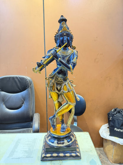 Brassaura™ Lord Krishna Brass Statue | Antique Black Stone Finish | Height 35 Inches & Weight 19 Kgs