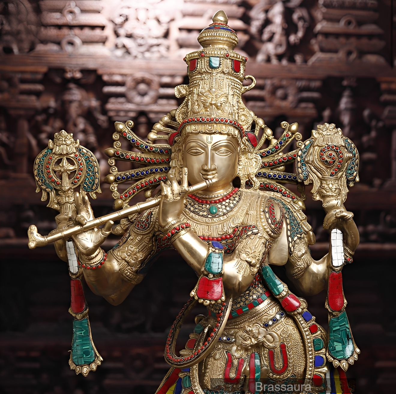 Brassaura® Lord Krishna Playing Flute Idol with Stone Work | Pure Brass Handcrafted Fine Golden Finish Multicolor Gemstone Murti for Home Temple & Luxury Décor | Height 41 Inches | Weight 49.35 Kgs