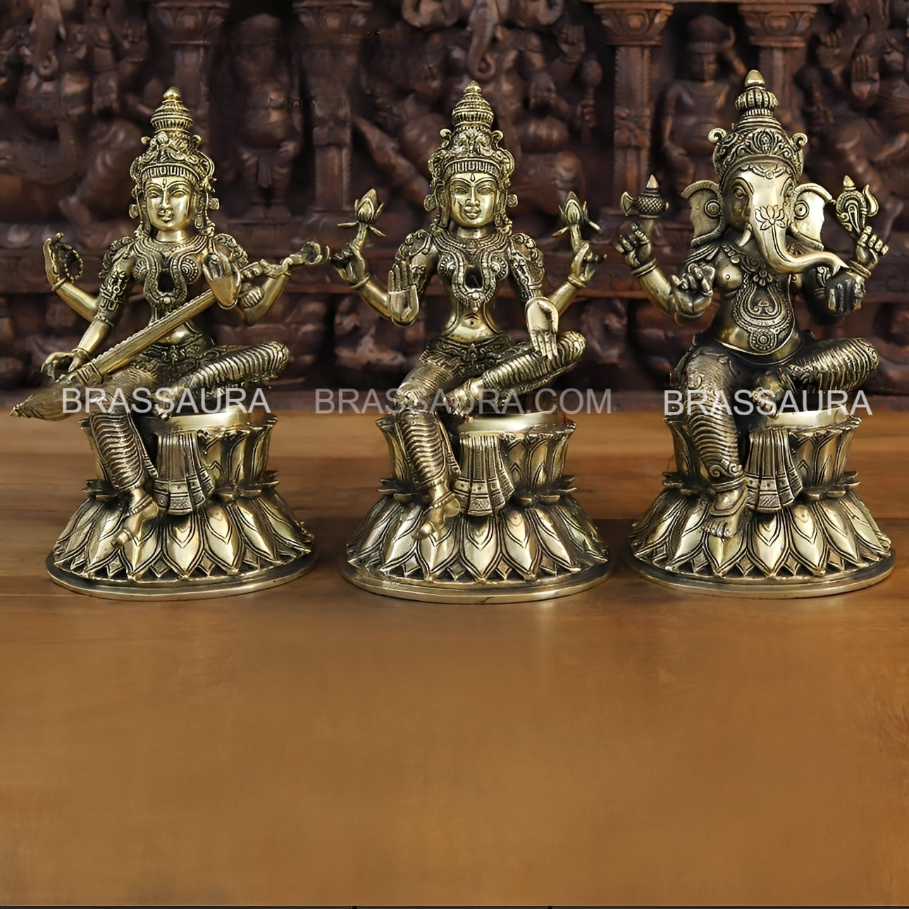 Brass Lakshmi Ganesh Saraswati Murti Weight 24.4 Kg And Height 15 Inch