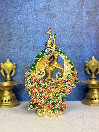 Brass Gem Stone Work Peacock Statue Home and Decor Weight 3.85 Kg Height 36 cm