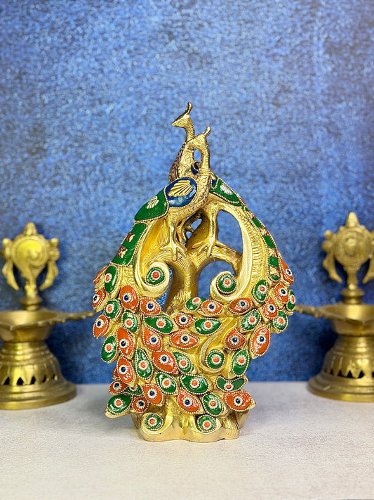 Brass Gem Stone Work Peacock Statue Home and Decor Weight 3.85 Kg Height 36 cm