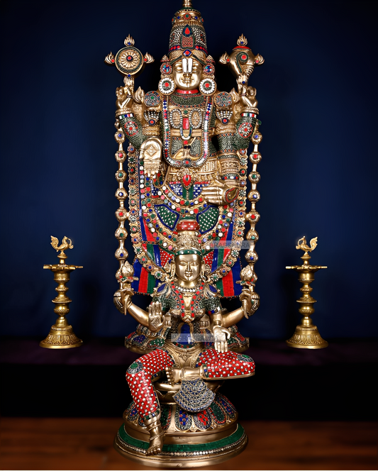 Brassaura™ Brass Tirupati Balaji & Goddess Lakshmi Pair | Height 48 Inches , Weight 71 Kgs (Combined) | Handcrafted Divine Ensemble