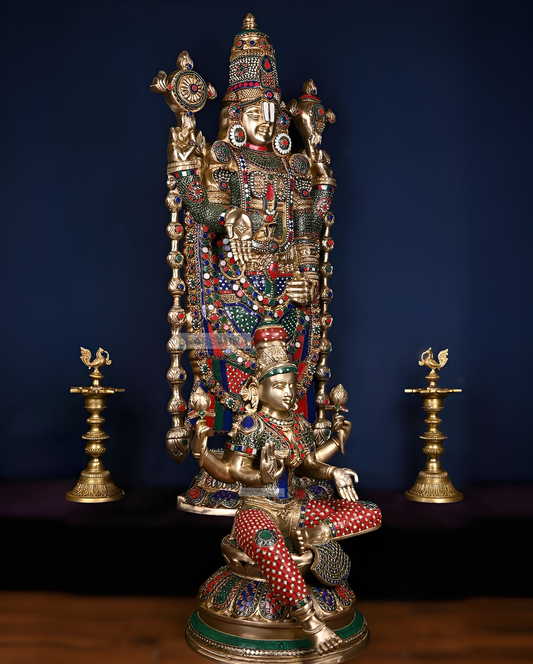 Brassaura™ Brass Tirupati Balaji & Goddess Lakshmi Pair | Height 48 Inches , Weight 71 Kgs (Combined) | Handcrafted Divine Ensemble