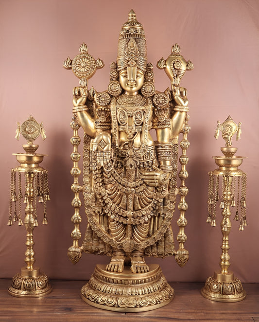 Brassaura™ Pure Brass Tirupati Balaji Idol | Height 48 Inches & Weight 42 Kgs | Handcrafted Lord Venkateshwara Statue for Home Temple