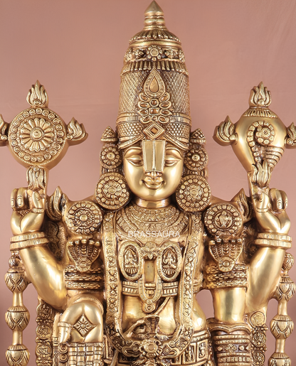 Brassaura™ Pure Brass Tirupati Balaji Idol | Height 48 Inches & Weight 42 Kgs | Handcrafted Lord Venkateshwara Statue for Home Temple