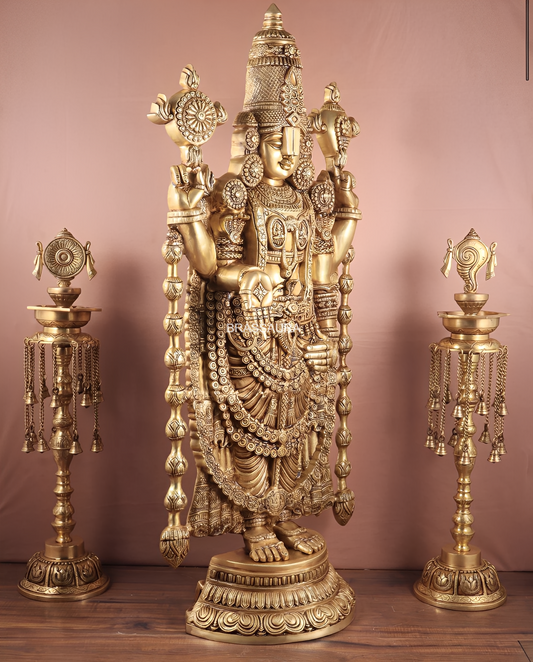 Brassaura™ Pure Brass Tirupati Balaji Idol | Height 48 Inches & Weight 42 Kgs | Handcrafted Lord Venkateshwara Statue for Home Temple