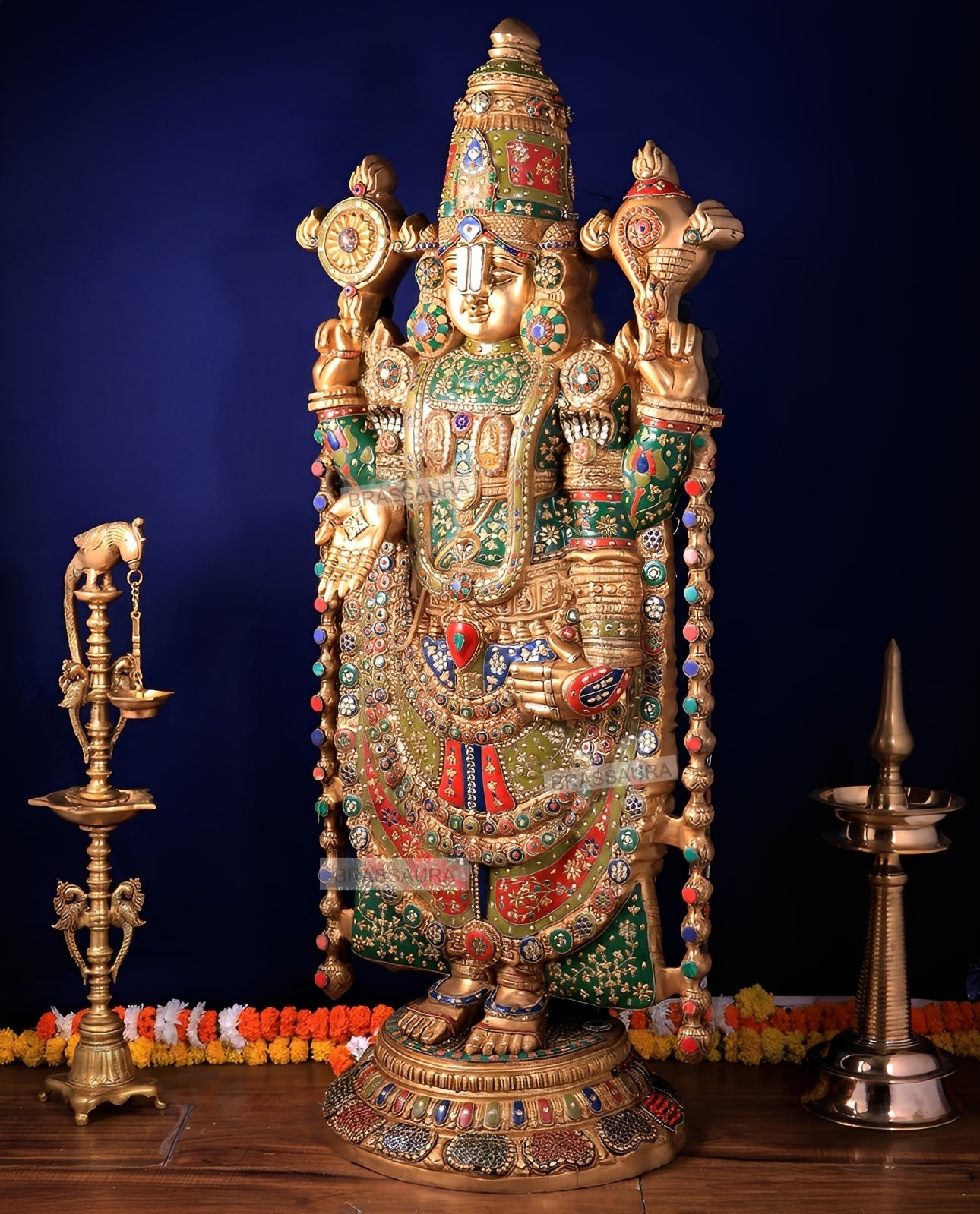 Brassaura™ Brass Tirupati Balaji Idol | Height 48 Inches , Weight 49 Kgs | Black & Rose Golden Lord Venkateshwara Statue with Studded Stonework