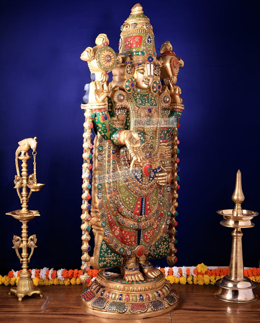 Brassaura™ Brass Tirupati Balaji Idol | Height 48 Inches , Weight 49 Kgs | Black & Rose Golden Lord Venkateshwara Statue with Studded Stonework