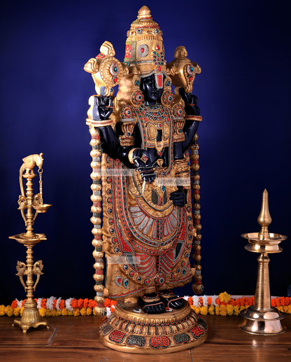 Brassaura™ Brass Tirupati Balaji Idol | Height 48 Inches , Weight 49 Kgs | Black & Rose Golden Lord Venkateshwara Statue with Studded Stonework