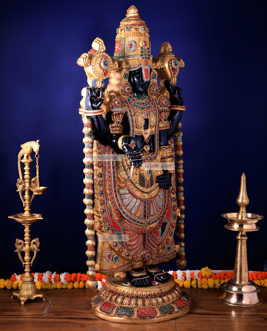 Brassaura™ Brass Tirupati Balaji Idol | Height 48 Inches , Weight 49 Kgs | Black & Rose Golden Lord Venkateshwara Statue with Studded Stonework
