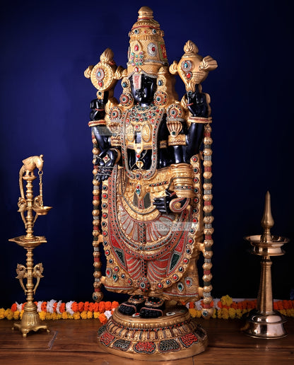Brassaura™ Brass Tirupati Balaji Idol | Height 48 Inches , Weight 49 Kgs | Black & Rose Golden Lord Venkateshwara Statue with Studded Stonework