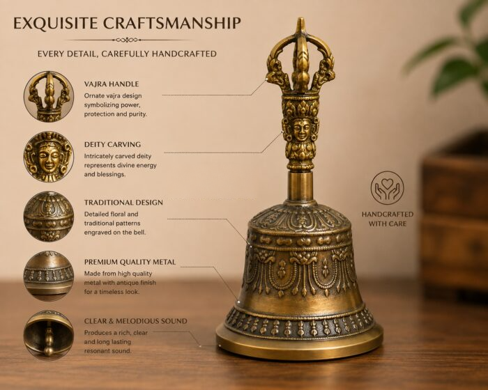 Brassaura® Tibetan Ceremonial Bell with Antique Bronze Finish | Handcrafted Bronze Meditation Bell | Buddhist Bell for Pooja Room, Meditation & Yoga
