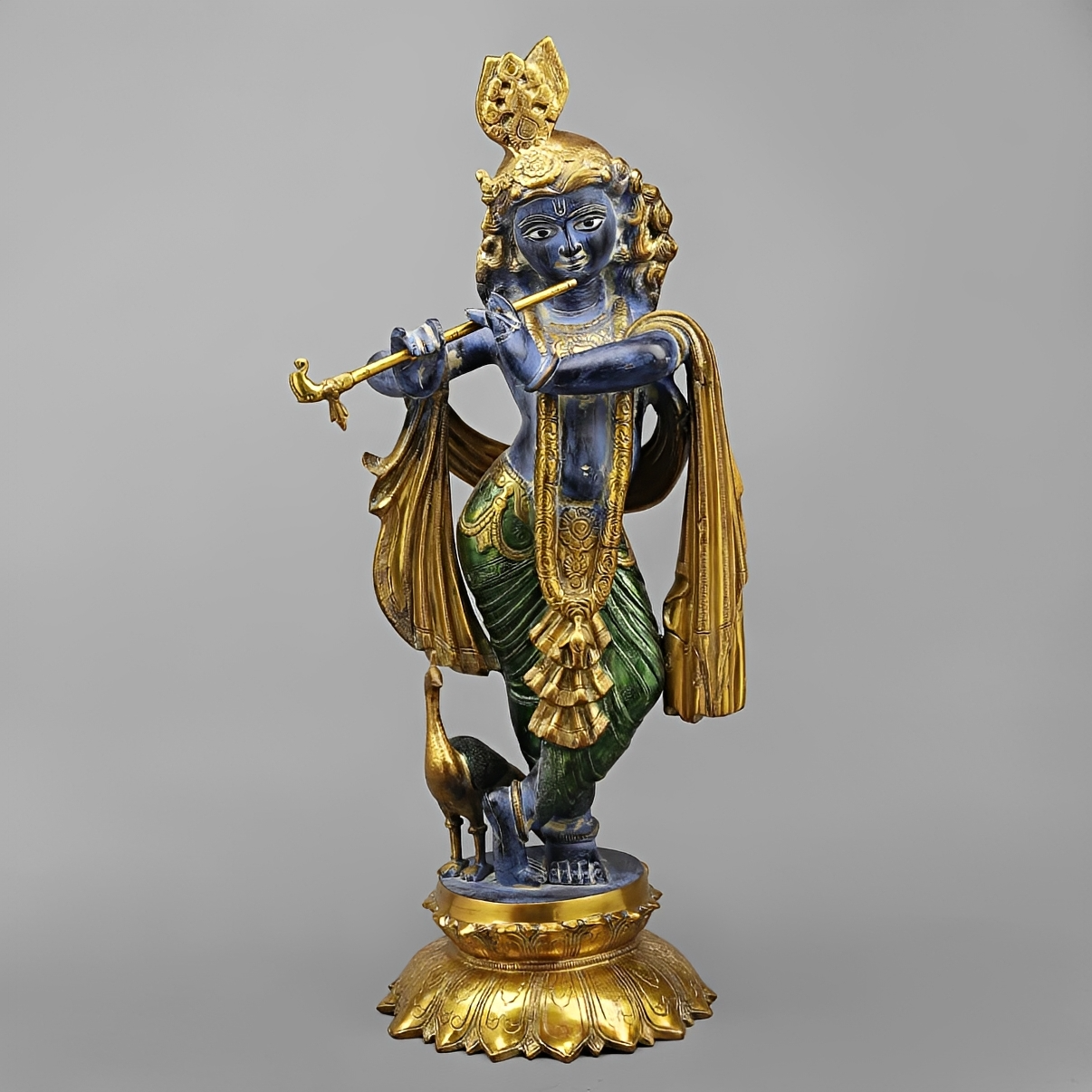 Brassaura® Vrindavan Venugopal Krishna Brass Statue with Peacock | Antique Blue & Gold Finish | Height 20 Inches