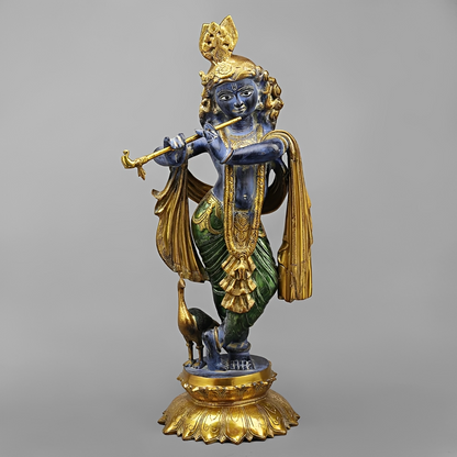 Brassaura® Vrindavan Venugopal Krishna Brass Statue with Peacock | Antique Blue & Gold Finish | Height 20 Inches